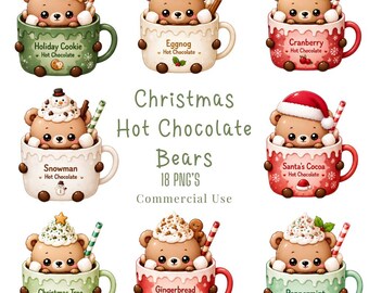 Christmas Hot Chocolate Bears Clipart PNG Bundle Kawaii Pastel Food Characters