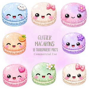 May include: A collection of nine glittery macarons in various pastel colors, each with a smiling face and decorative elements like bows, flowers, and a cloud. The image includes the text "Glitter Macarons" and "18 Transparent PNG's Commercial Use".