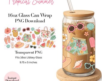 Emballage de boîte de conserve en verre de 16 oz PNG, Design de gobelet d'été tropical, téléchargement Libbey