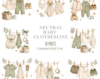 Neutral Nursery Clothesline Vol.1 Clipart PNG Bundle |  Nursery Watercolour Clipart | Baby Shower  | Nursery Decor PNG |