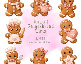 Kawaii Gingerbread Girls  Clipart PNG Bundle Kawaii Pastel Food Characters