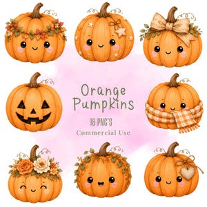 Pode incluir: Uma coleção de oito ilustrações digitais de abóboras laranja com várias decorações, incluindo flores, laços, cachecóis e rostos de jack-o'-lantern. O texto diz Orange Pumpkins 18 PNG's Commercial Use no centro da imagem.