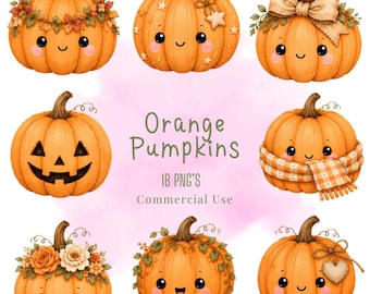 Orange Pumpkins Clipart Bundle, Pastel Kawaii PNG Illustrations (Digital Download)