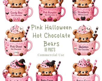 Halloween Pink Hot Chocolate Bears Clipart PNG Bundle Kawaii Pastel Food Characters