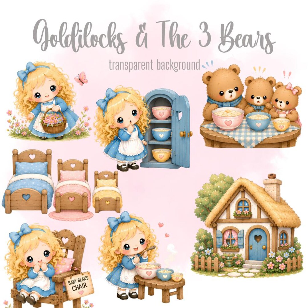 Goldilocks and the Three Bears Clipart Bundle, Kawaii Fairytale PNG ...