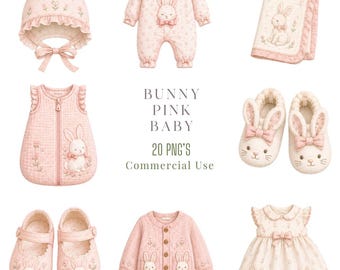 Bunny Pink Baby Clothes Clipart PNG Bundle |  Nursery Watercolour Clipart | Baby Shower  | Nursery Decor PNG |