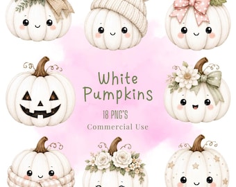 White Pumpkins Clipart Bundle, Pastel Kawaii PNG Illustrations (Digital Download)