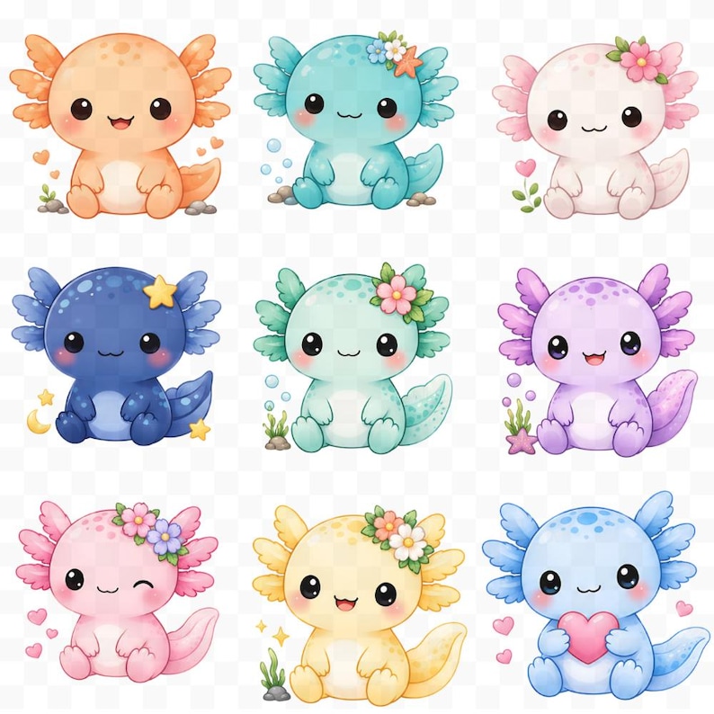 K&ouml;nnte beinhalten: Neun bunte Cartoon-Axolotl in Orange, Blau, Rosa, Lila und Gelb. Jedes Axolotl hat gro&szlig;e Augen und ein L&auml;cheln. Einige sind mit Blumenkr&auml;nzen und Details wie Herzen und Sternen verziert. Ein niedliches Design.