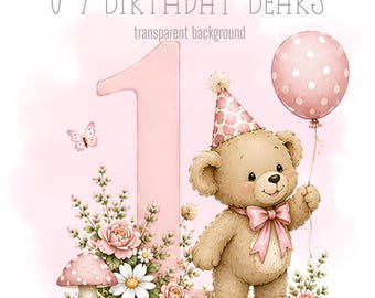 Pink Birthday Bears, 1-9 PNG, Little bears, Sublimation Design, Sweet teddy Clipart, Trending bears, Instant Digital Download