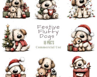 Festive Fluffy Dogs Christmas Clipart PNG Bundle, Cute Christmas Puppy Clipart, Holiday Dog PNG, Winter  Clipart,