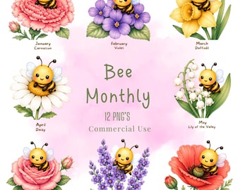 Pacchetto mensile di clipart di api pastello, api kawaii, illustrazioni di compleanno.
