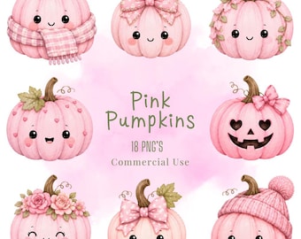 Bundle de cliparts citrouilles roses, illustrations pastel kawaii PNG (téléchargement numérique)