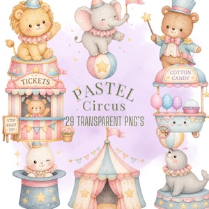 Pastelkleurige circusdieren clipartbundel, kawaii png-illustraties (digitale download)