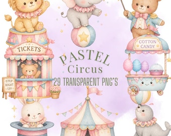 Pastelkleurige circusdieren clipartbundel, kawaii png-illustraties (digitale download)