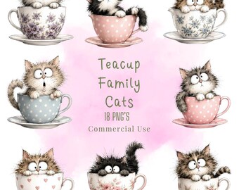 Teacup Family Cats Clipart Bundle, Silly Kittens PNGs, Commercial Use