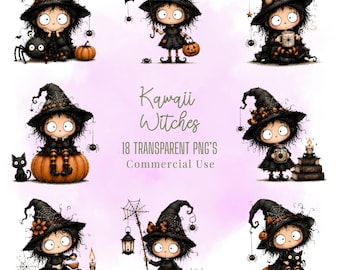 Kawaii Witches Clipart Bundle, Pastel Halloween PNGs (Digital Download)