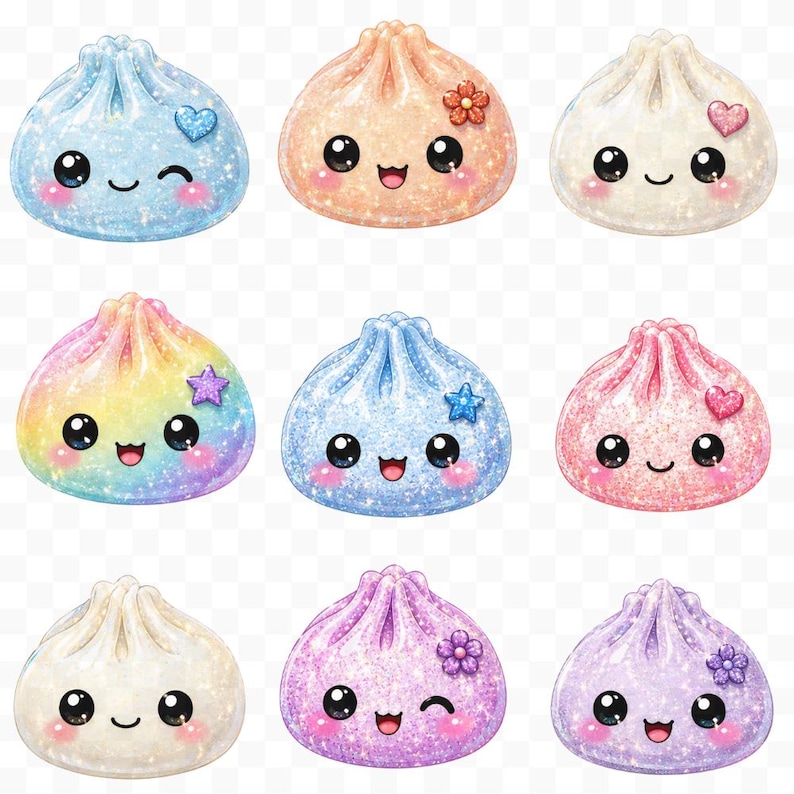 K&ouml;nnte beinhalten: Neun farbenfrohe, glitzernde Kn&ouml;del-Illustrationen mit l&auml;chelnden Gesichtern und dekorativen Akzenten wie Herzen und Blumen. Die Kn&ouml;del sind in Blau-, Orange-, Wei&szlig;-, Regenbogen-, Rosa- und Lilat&ouml;nen gehalten. Jeder Kn&ouml;del hat einen einzigartigen Ausdruck.