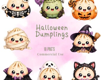Pacote de imagens PNG de bolinhos de Halloween com personagens de comida kawaii em tons pastel.