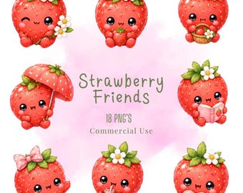 Bundle de cliparts, amis aux fraises, PNG, personnages de nourriture pastel kawaii