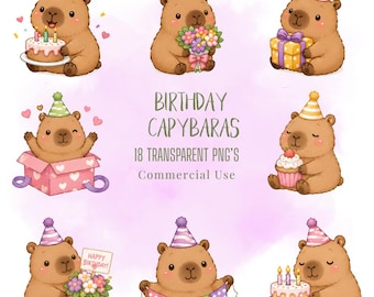Geburtstag Capybara Clipart Bundle, Kawaii Tiere PNG, kommerzielle Nutzung (digitaler Download)