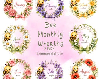 Pacchetto di clipart mensili con ghirlande di api pastello, ape kawaii, illustrazioni di compleanno