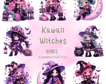 Kawaii Witches Clipart, PNG Bundle (Digital Download)