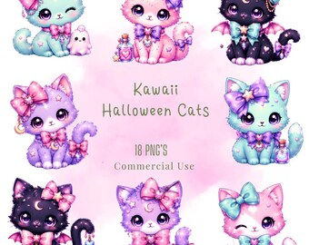 Kawaii Halloween Cats Clipart, PNG Bundle (Digital Download)
