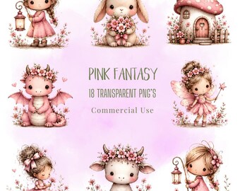 Pastel Pink Fantasy Clipart Bundle, Dragons Fairies PNG Illustrations (Digital Download)