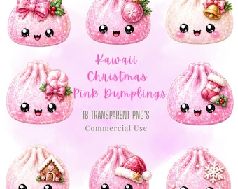 Bundle de boulettes roses de Noël, clipart PNG, personnages pastel kawaii avec nourriture