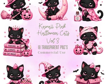 Ensemble de cliparts chats d'Halloween roses kawaii (18 PNG), graphismes sorcières pastel