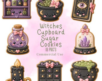 May include: A collection of eight illustrated sugar cookies featuring a purple shelf with bottles, a mortar and pestle, a book with an eye, a potion bottle, a crystal dome, a candle, a cabinet, and a cauldron, with text Witches Cupboard Sugar Cookies.