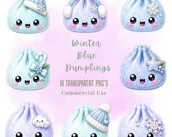 Bundle de cliparts boulettes bleu hiver, personnages de nourriture pastel kawaii