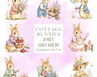 DaisyDust Cottage Bunnies Clipart | Watercolour Bunny PNG Bundle | Pastel Storybook Rabbits | Nursery Clipart | Commercial Use PNG