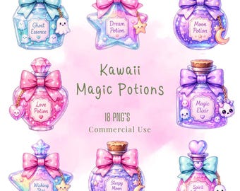 Kawaii Magic Potions Clipart, PNG Bundle (Digital Download)