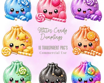 Glitter Candy Dumpling Clipart PNG Bundle Kawaii Pastel Food Characters