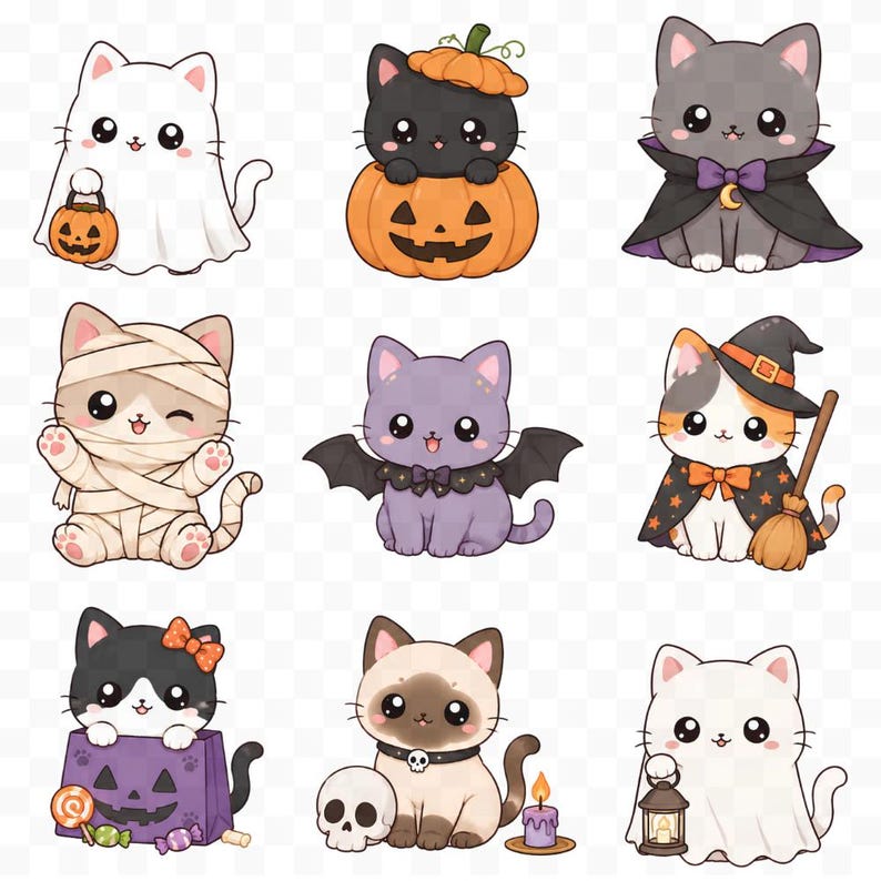 Kawaii Spooky Cats Clipart, Cute Halloween Cats PNG Bundle, Digital ...