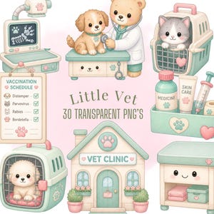 Peut inclure: Ensemble d'illustrations à l'aquarelle sur le thème vétérinaire. Comprend une clinique vétérinaire, des outils médicaux, un calendrier de vaccination et divers animaux tels qu'un chien, un chat et un ours en peluche. Le texte "Little Vet" et "30 Transparent PNG'S" sont également présents.