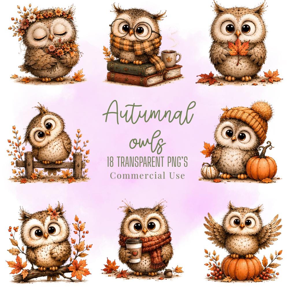 Autumnal Owls Clipart Bundle, Cute Fall Owls PNG, Cozy Woodland Animals