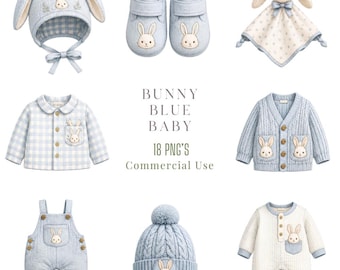 Bunny Blue Baby Clothes Clipart PNG Bundle |  Nursery Watercolour Clipart | Baby Shower  | Nursery Decor PNG |