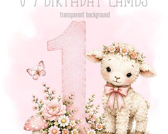 Pink Birthday Lambs, 1-9 PNG, Little sheep, Sublimation Design, Sweet animal Clipart, Trending milestones, Instant Digital Download