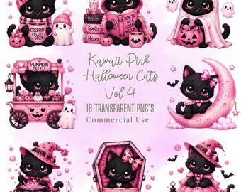 Bundle PNG pastel de chats d'Halloween roses, clipart (téléchargement numérique)