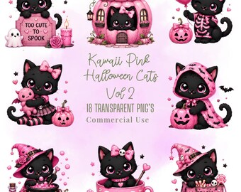 Ensemble de cliparts chats d'Halloween roses kawaii, PNG pastel (téléchargement numérique)