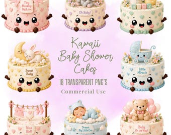 Kawaii Baby Shower Cakes Clipart PNG Bundle Kawaii Pastel Food Characters