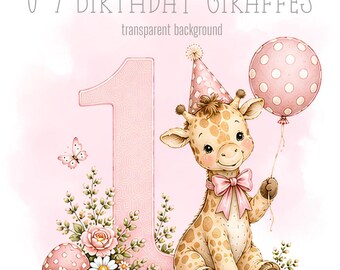 Pink Birthday Giraffes, 1-9 PNG, Little bears, Sublimation Design, Sweet animal Clipart, Trending milestones, Instant Digital Download