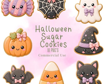 May include: A collection of eight Halloween-themed sugar cookies featuring a candy, spider web, ghost, pumpkin, witch hat, bat, candy corn, and black cat, all with bows. Text reads: Halloween Sugar Cookies 18 PNG's Commercial Use.
