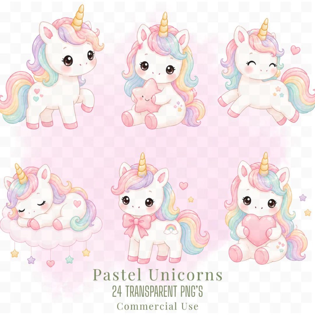 Pastel Unicorn Clipart Bundle, Kawaii PNG Illustrations (digital ...