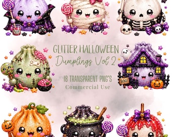 Bundle de cliparts Kawaii Halloween Dumpling Vol 2, personnages alimentaires pastel scintillants (téléchargement numérique)