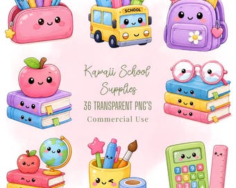 Kawaii School Supplies Clipart Bundle, Pastel PNG Stickers (Digital Download)