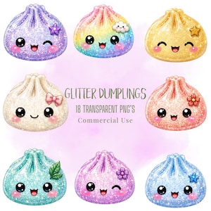 Puede incluir: Ilustración de nueve dumplings brillantes de varios colores, cada uno con una cara sonriente y elementos decorativos. El texto "Glitter Dumplings" y "18 Transparent PNG's Commercial Use" también está presente.