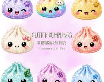 Glitter Dumpling Clipart PNG Bundle Kawaii Pastel Food Characters